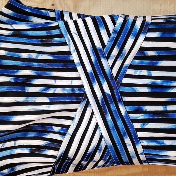 JS Collections Black Blue White Print Ribbon Stripe Sleeveless Dress Size 6 - Picture 3 of 10